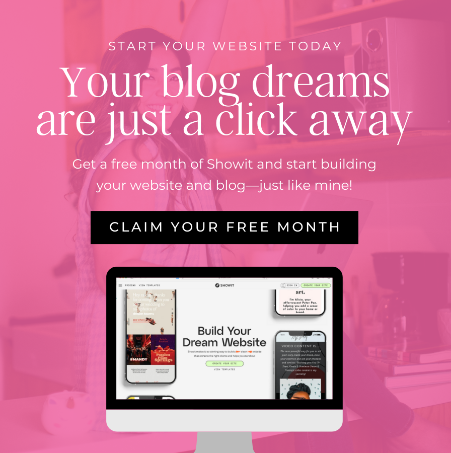 Graphic offering a free month with Showit to start their own website and blog today!