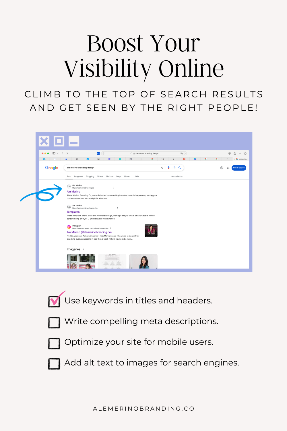 Illustration of a search engine results page with a highlighted top-ranking result. Text overlay lists SEO tips: ‘Use keywords in titles and headers, write compelling meta descriptions, optimize for mobile users, and add alt text to images.’ Tagline below says, ‘Climb to the top of search results and get seen by the right people.’