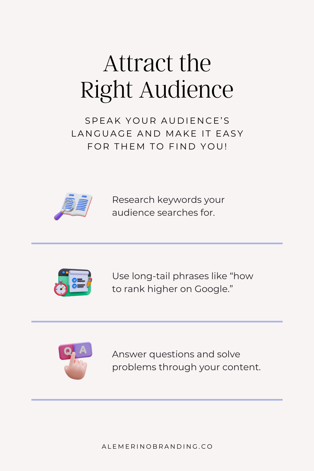 Word cloud design featuring long-tail keywords such as ‘SEO for beginners’ and ‘affordable website design,’ with a central target icon and arrow hitting the bullseye. Text reads: ‘Research keywords, use long-tail phrases, and answer audience questions to attract the right audience.’ Tagline below says, ‘Speak your audience’s language and make it easy for them to find you.’