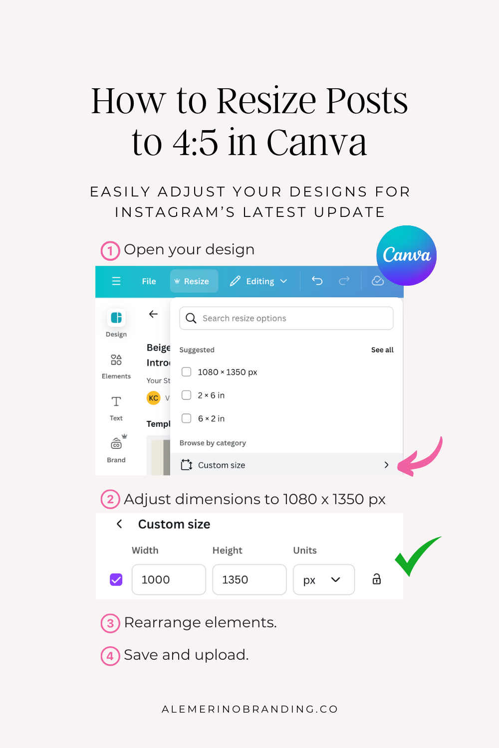 Step-by-step Canva tutorial for resizing posts to the 4:5 format. Includes screenshots of the Canva interface, highlighting the custom size input (1080 x 1350 pixels), rearranging elements to fit the taller format, and the download button to save the updated design.