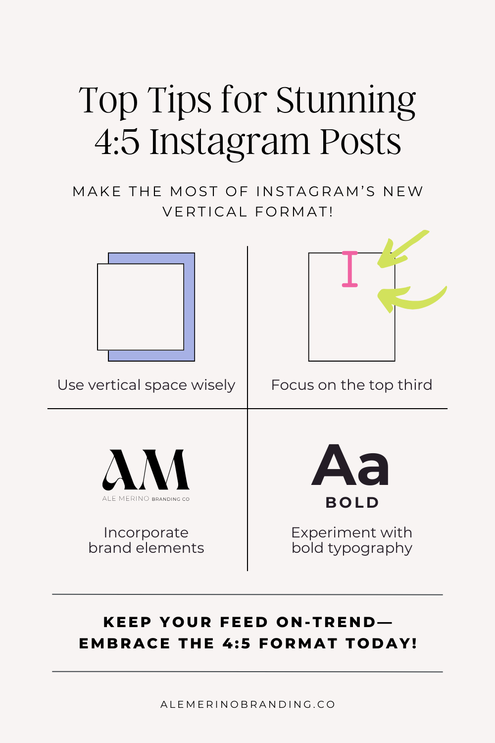 Graphic showcasing tips for creating effective 4:5 Instagram posts, featuring examples like focusing on the top third of the post, using vertical space for bold text and images, and incorporating consistent brand colors and fonts.