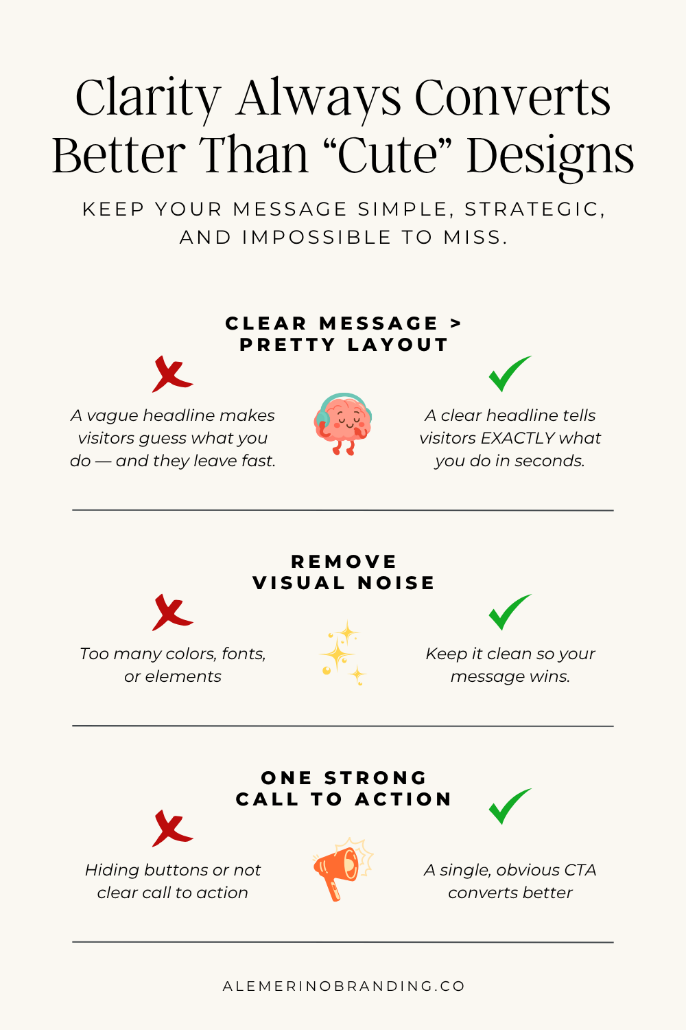 Minimal infographic showing four reasons why clarity converts better than overly decorated website designs